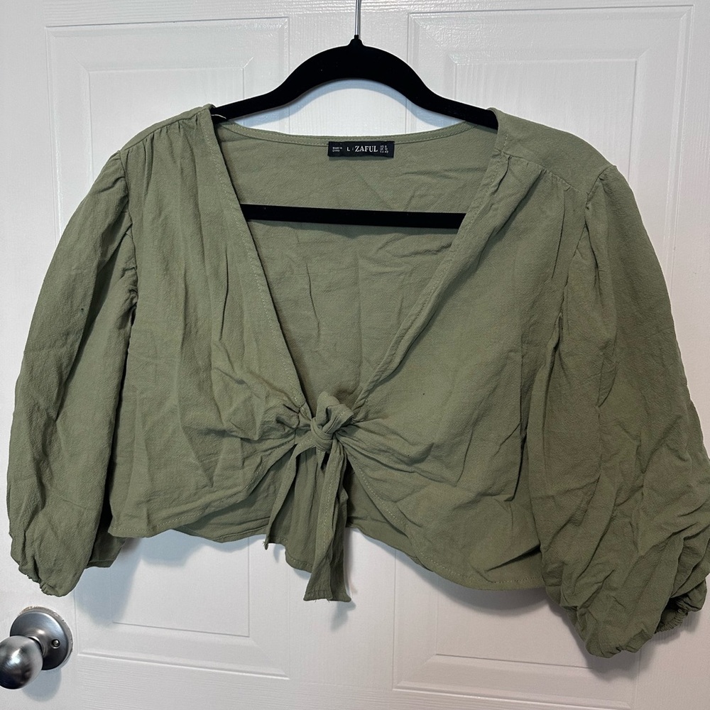 ZAFUL Olive Green Tie-Front Blouse and Shorts Set